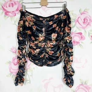 NEW Free People Reina Velvet Blue Pink Ruched Off The Shoulder Crop Blouse S